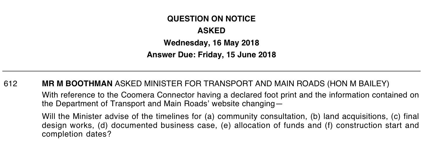Question on Notice Coomera Connector